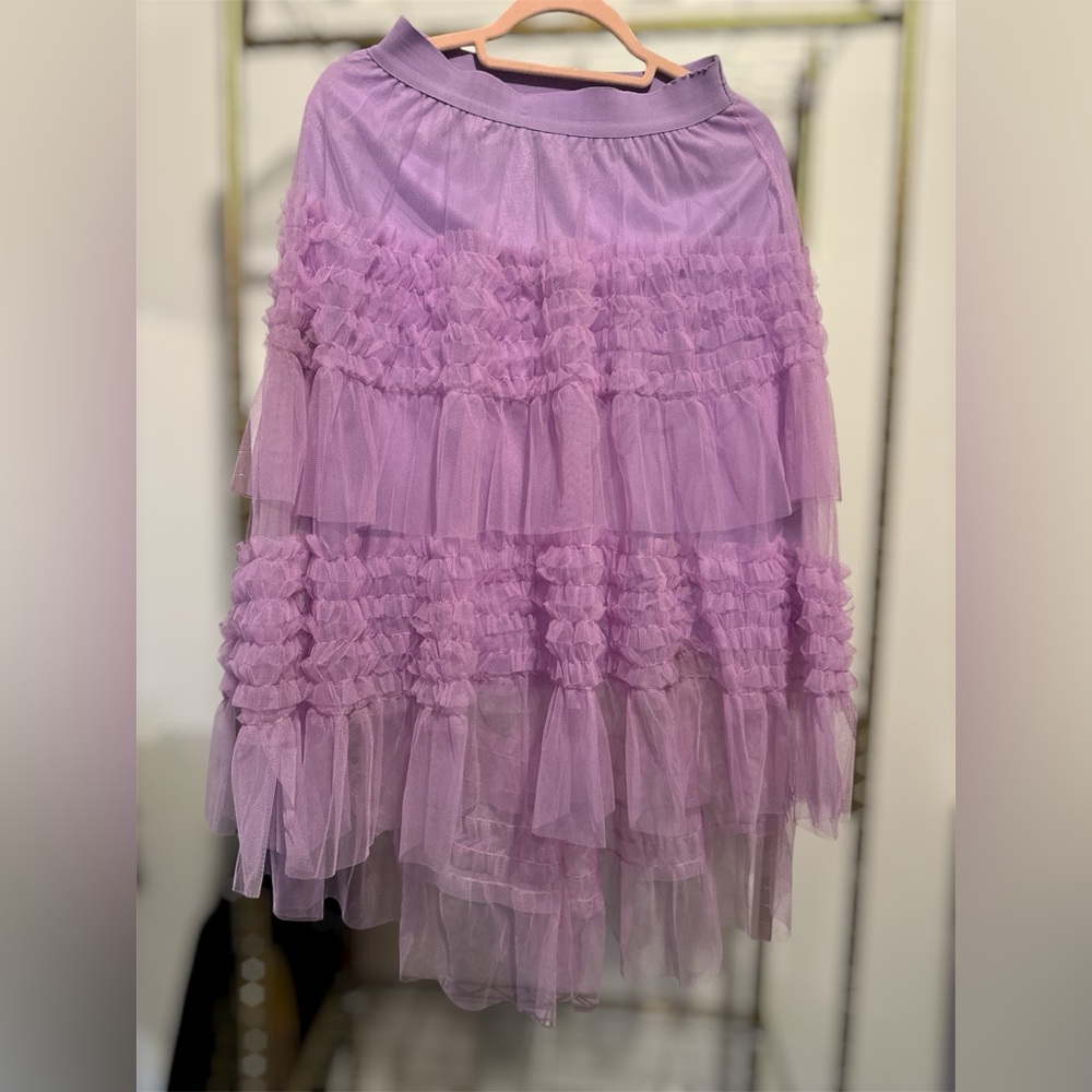 Lilac Tulle Ruffle Skirt Midi Elastic Waist M/L Romantic Layered